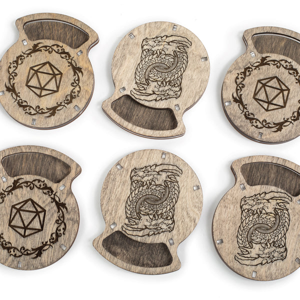 Gray wooden DnD coasters with dice secction