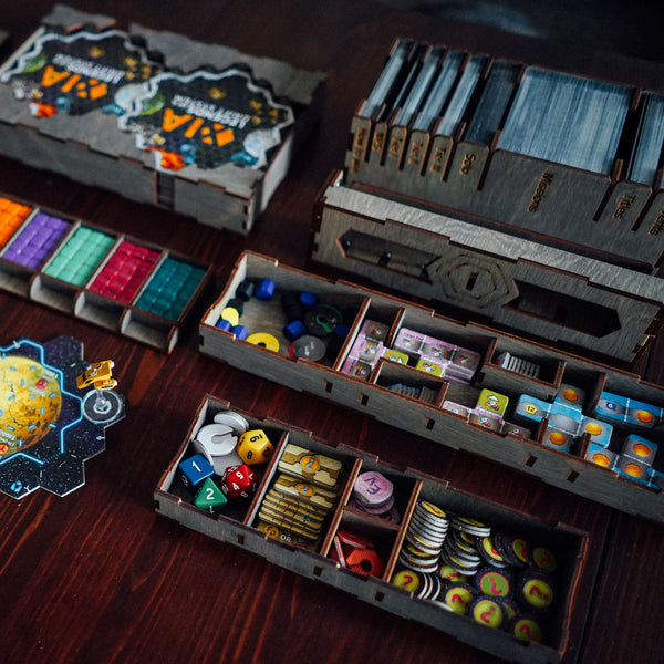 Wooden XIA organizer includes player mat, organizers, trays, boxes and other accessories for the board game.