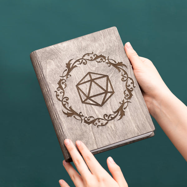 Wooden notebook with dice engraving